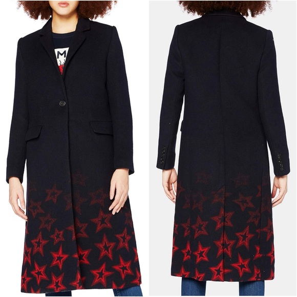 Tommy Hilfiger Norma Jacquard Blue Red Stars Wool Blend Long Coat Size 10 NWT - Picture 3 of 15